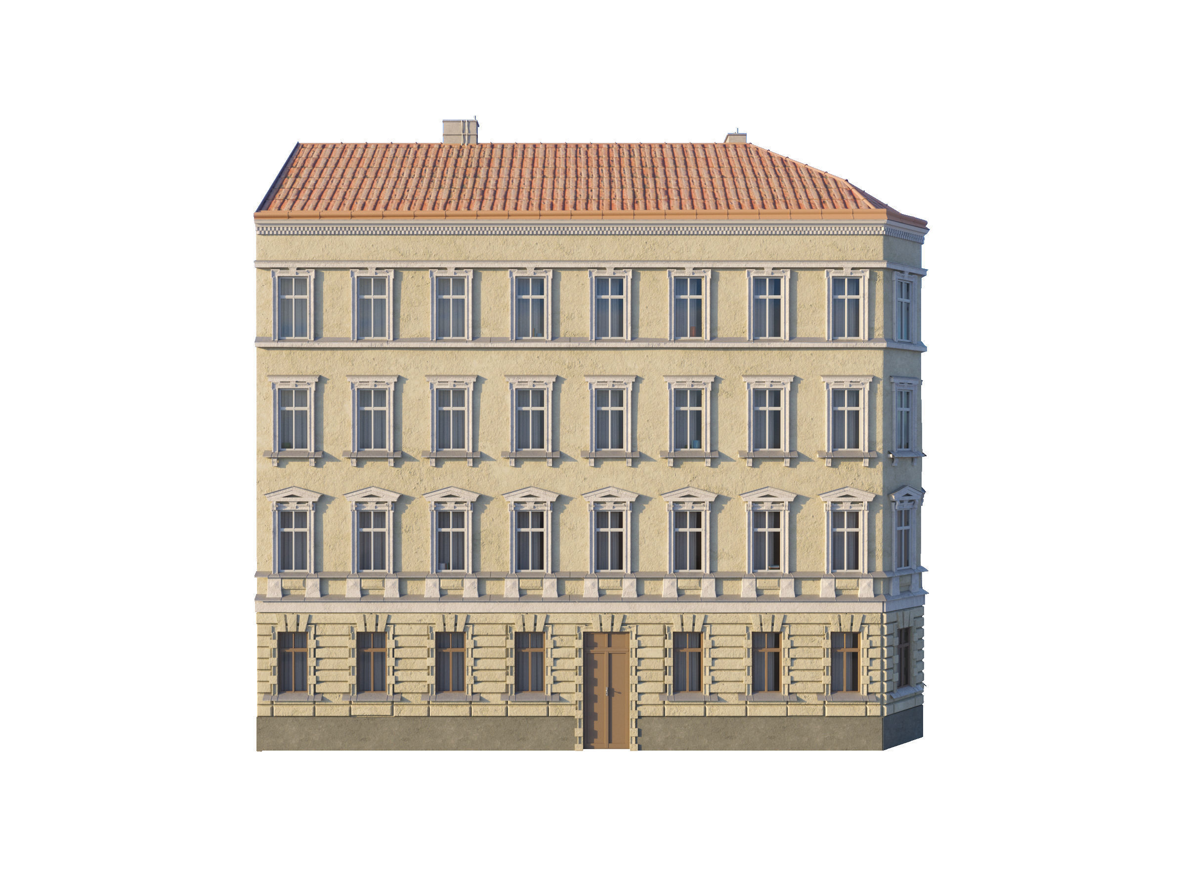 Street Facade Residantial Building Corner Brick Roof 3D model_9