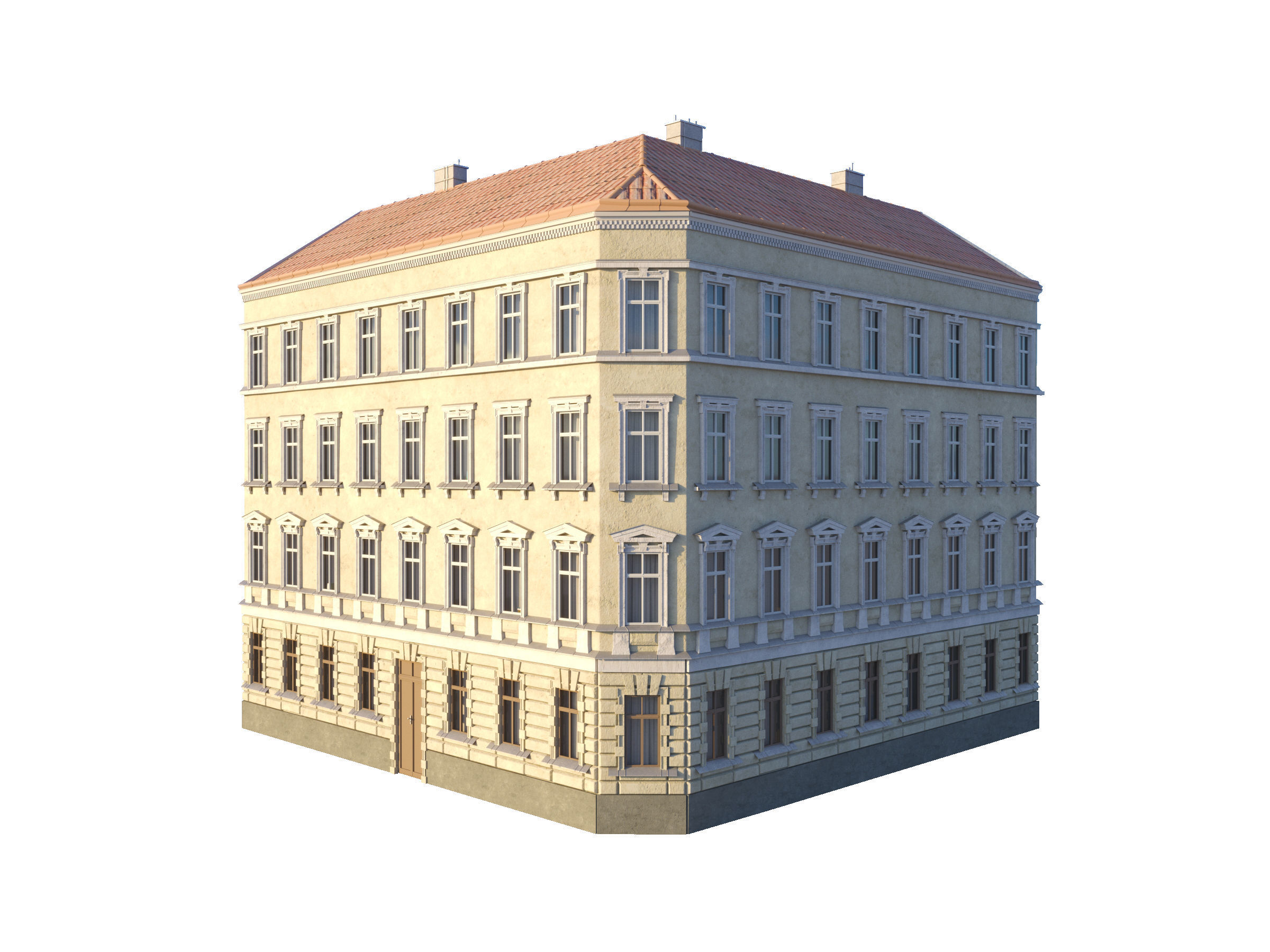 Street Facade Residantial Building Corner Brick Roof 3D model_1