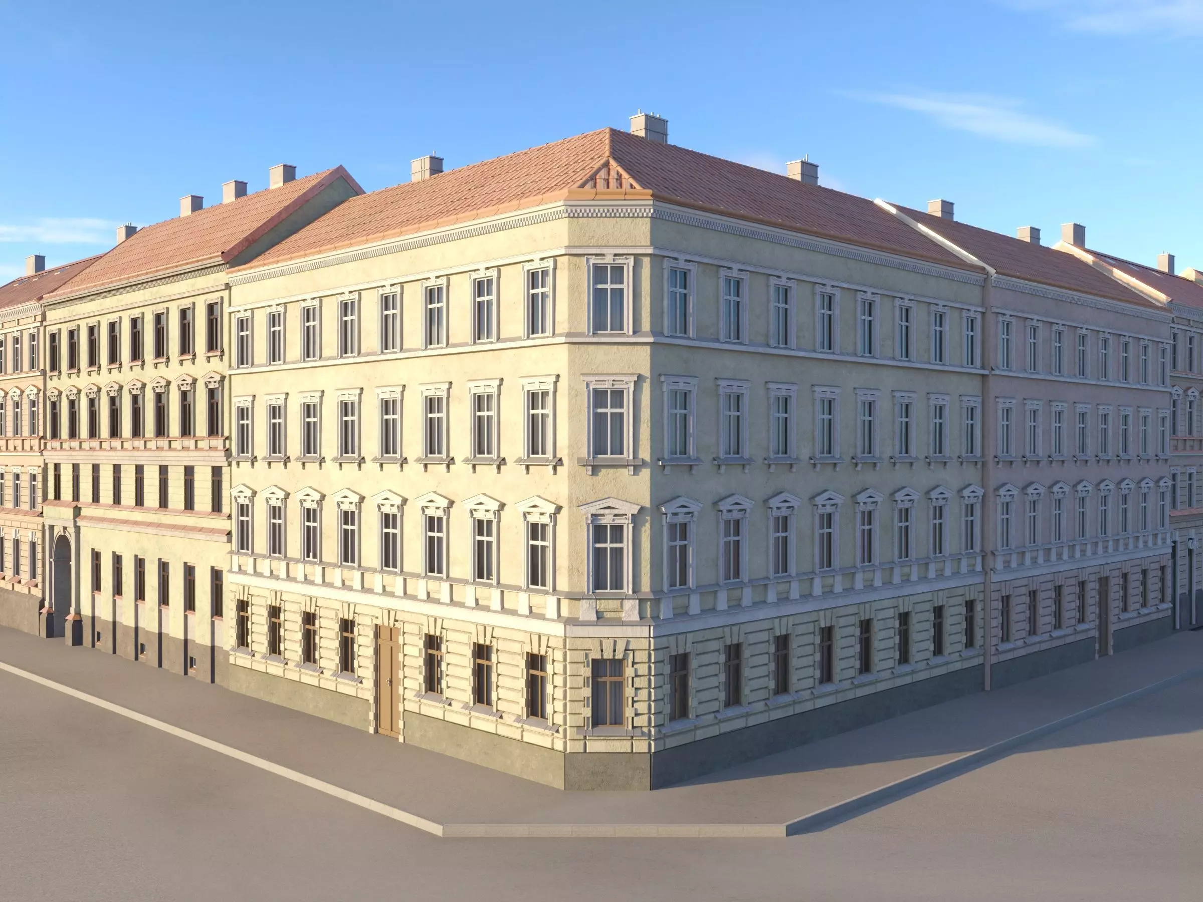 Street Facade Residantial Building Corner Brick Roof 3D model_0