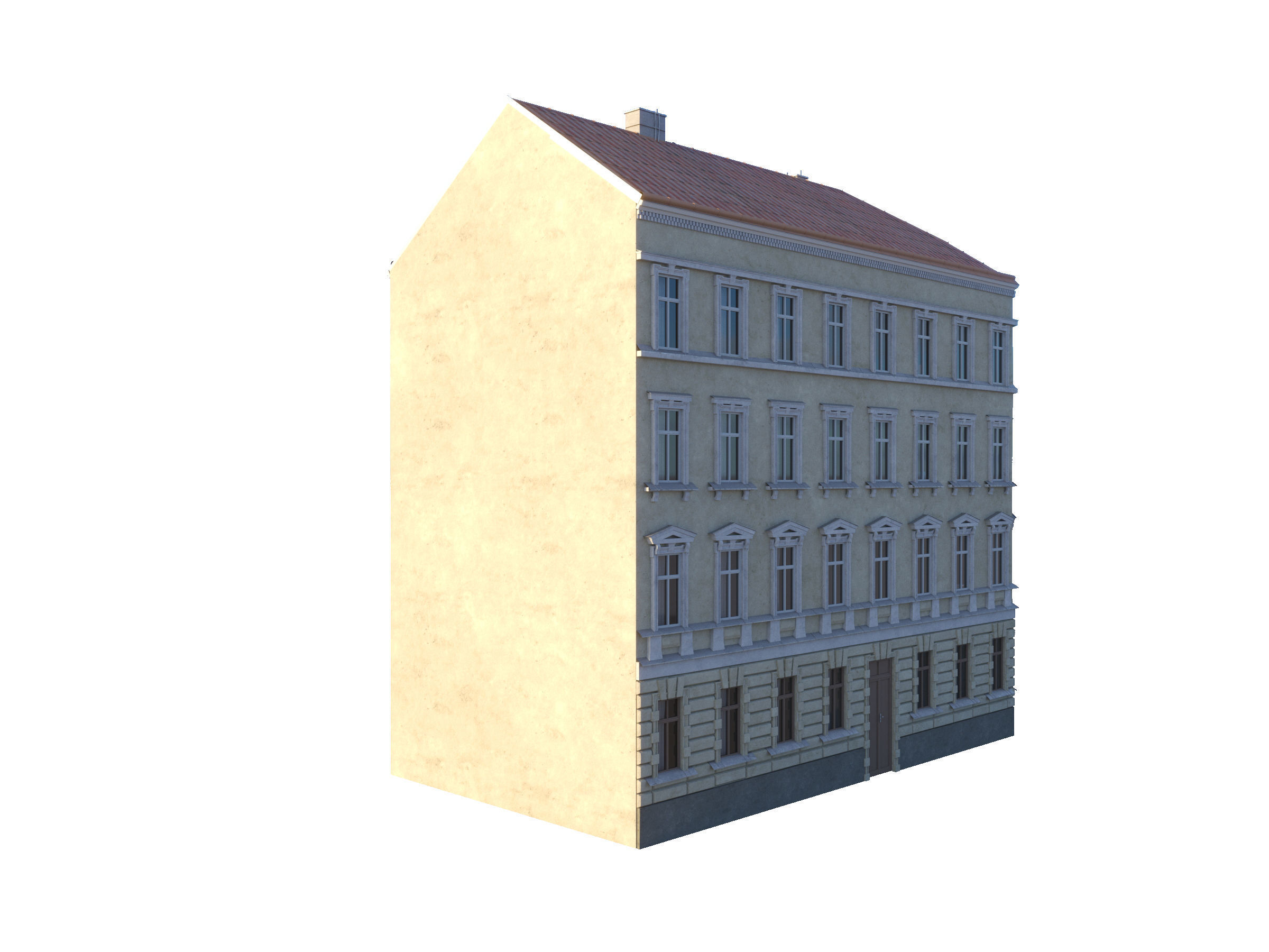 Street Facade Residantial Building Corner Brick Roof 3D model_8