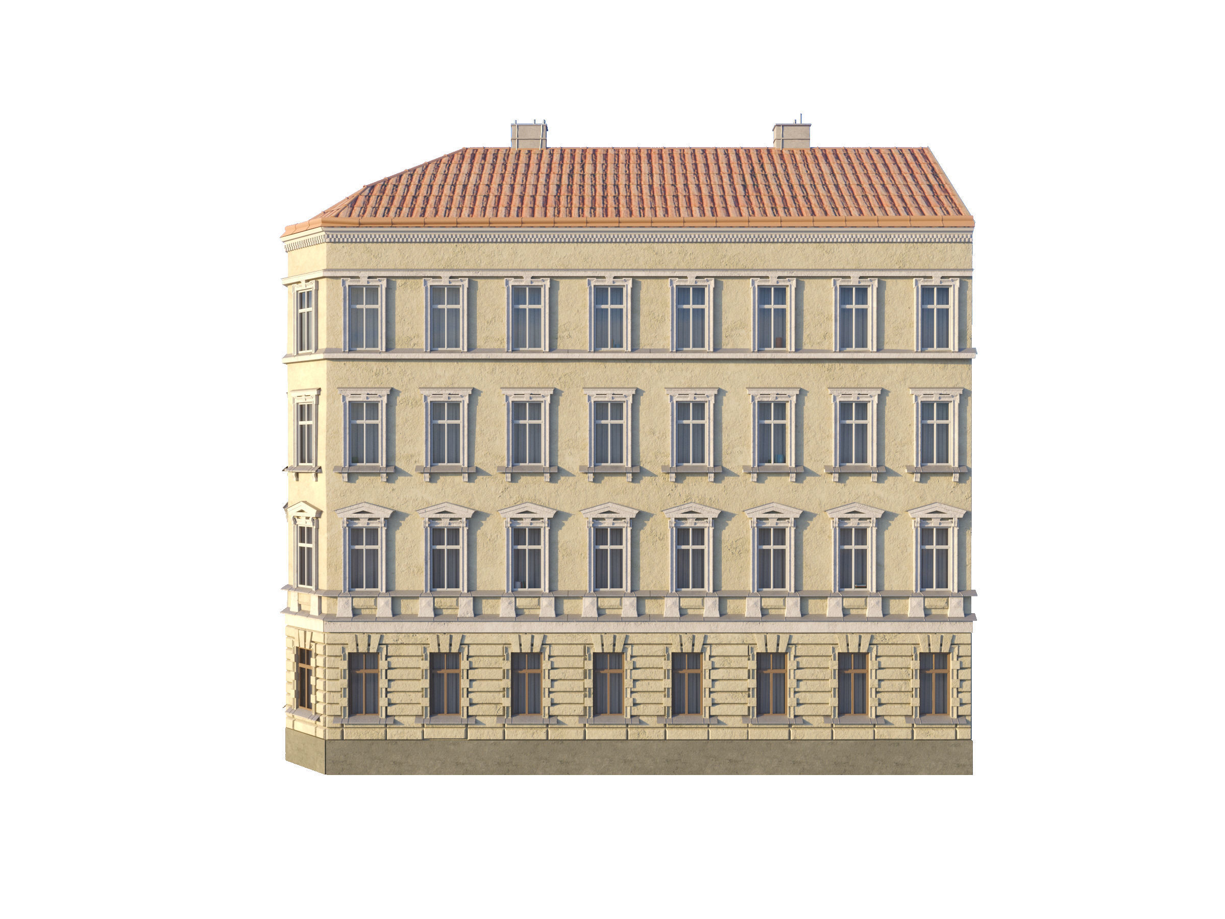Street Facade Residantial Building Corner Brick Roof 3D model_5
