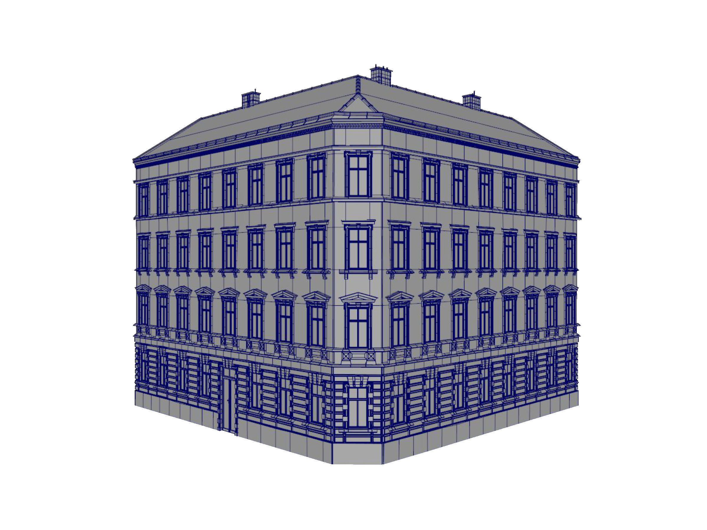 Street Facade Residantial Building Corner Brick Roof 3D model_2