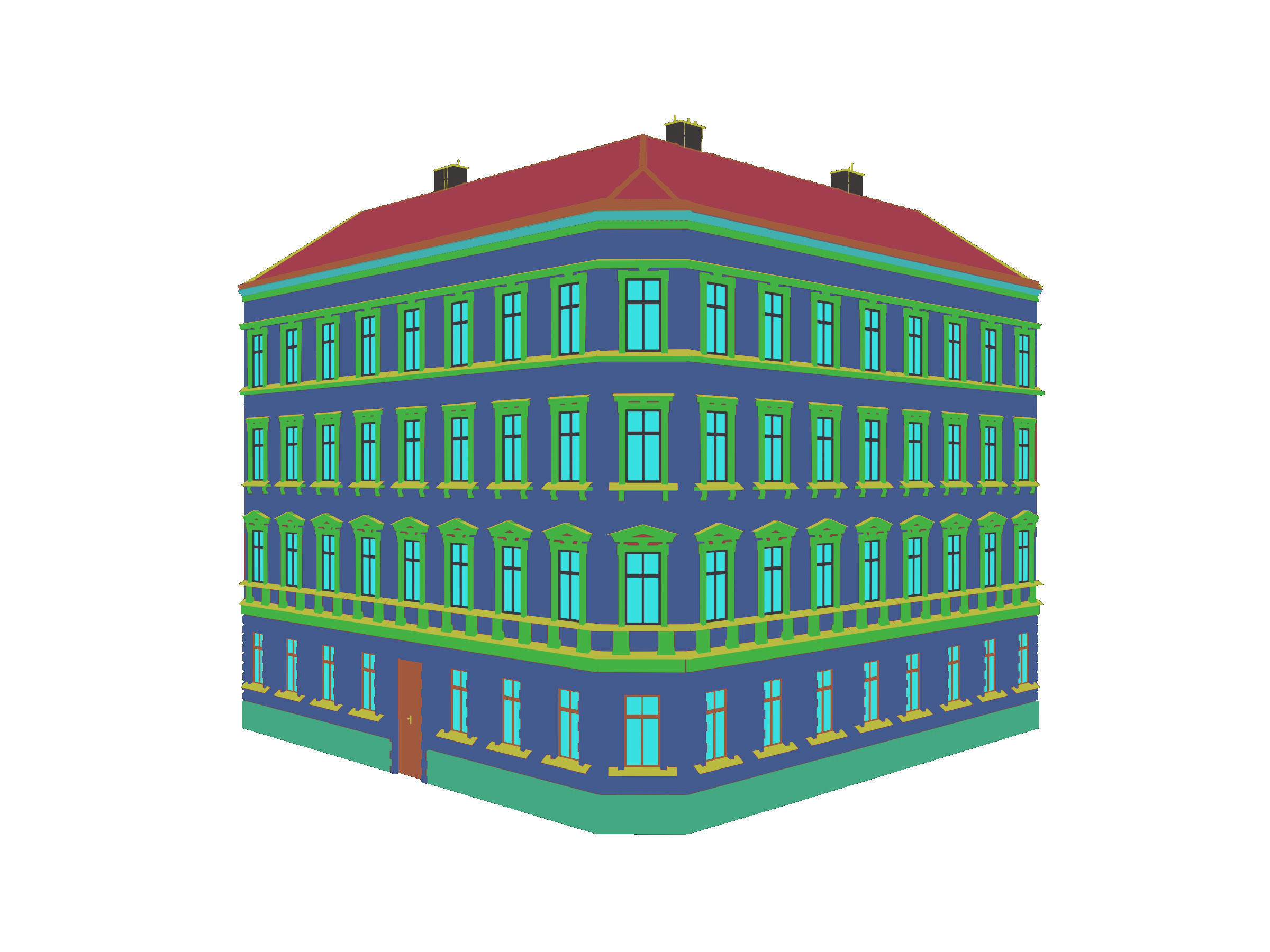 Street Facade Residantial Building Corner Brick Roof 3D model_3