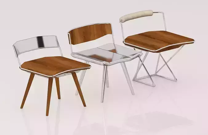 CHAIRS three with metal legs and wooden seats