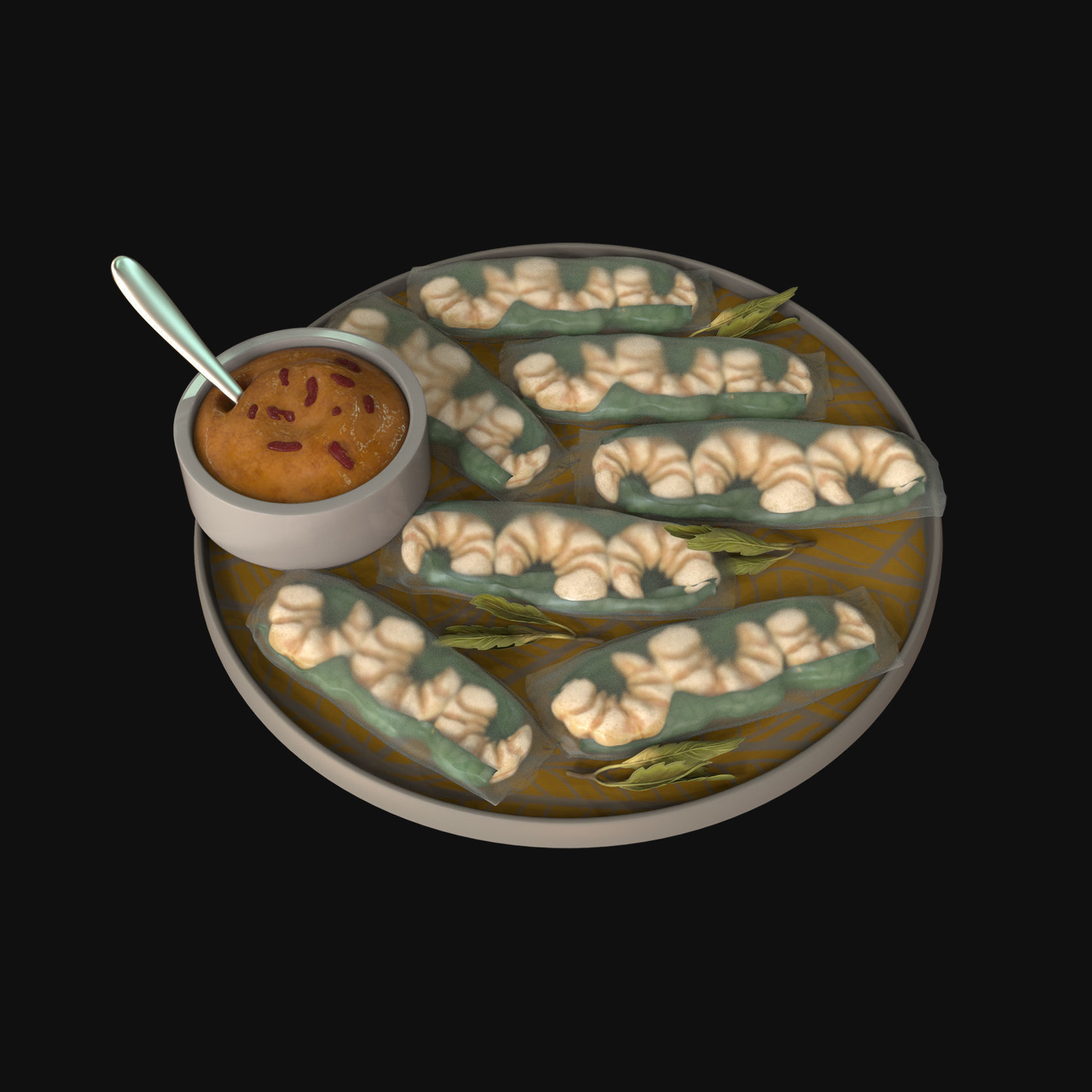 Food collection plate of spring rolls with sauce 3D model_20