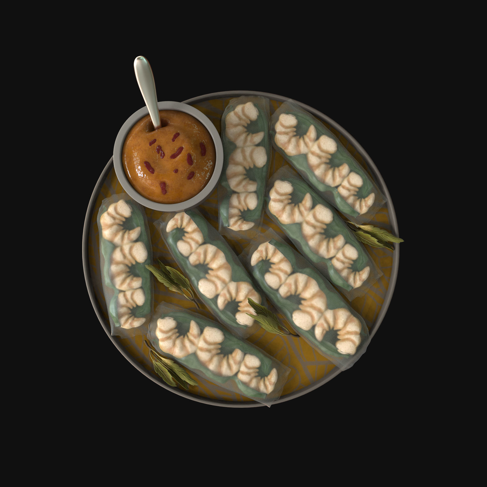 Food collection plate of spring rolls with sauce 3D model_22