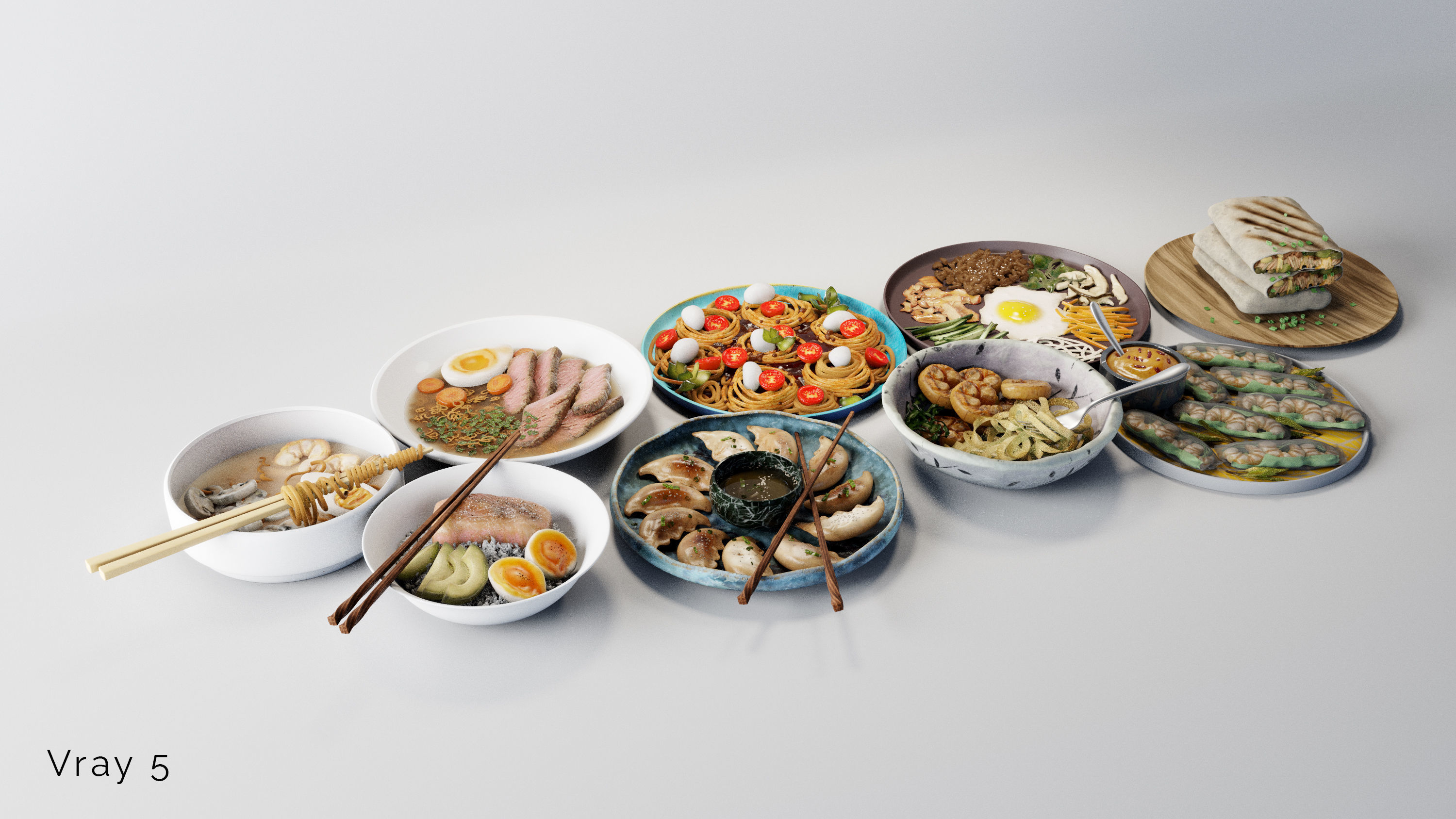 Food collection plate of spring rolls with sauce 3D model_3