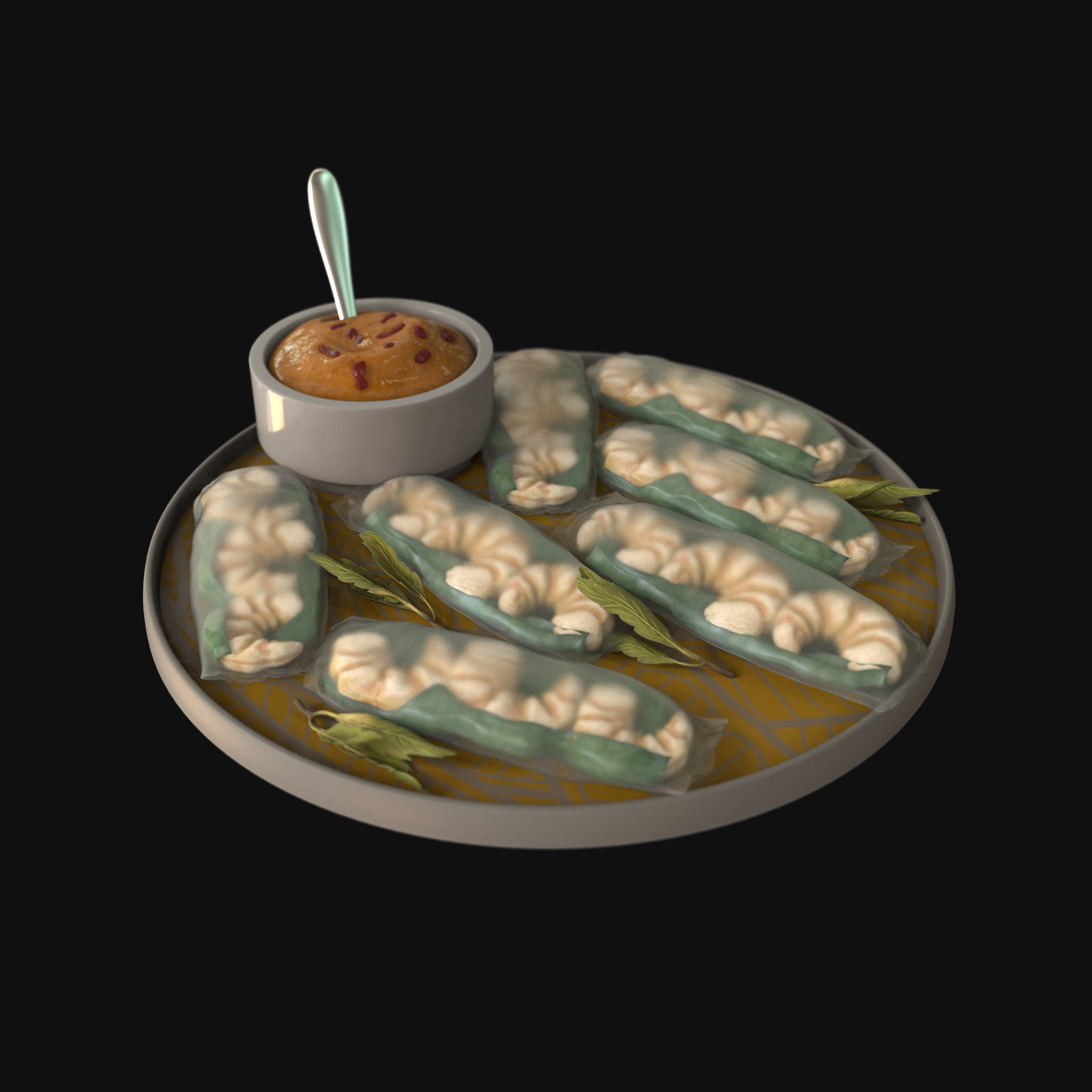 Food collection plate of spring rolls with sauce 3D model_19