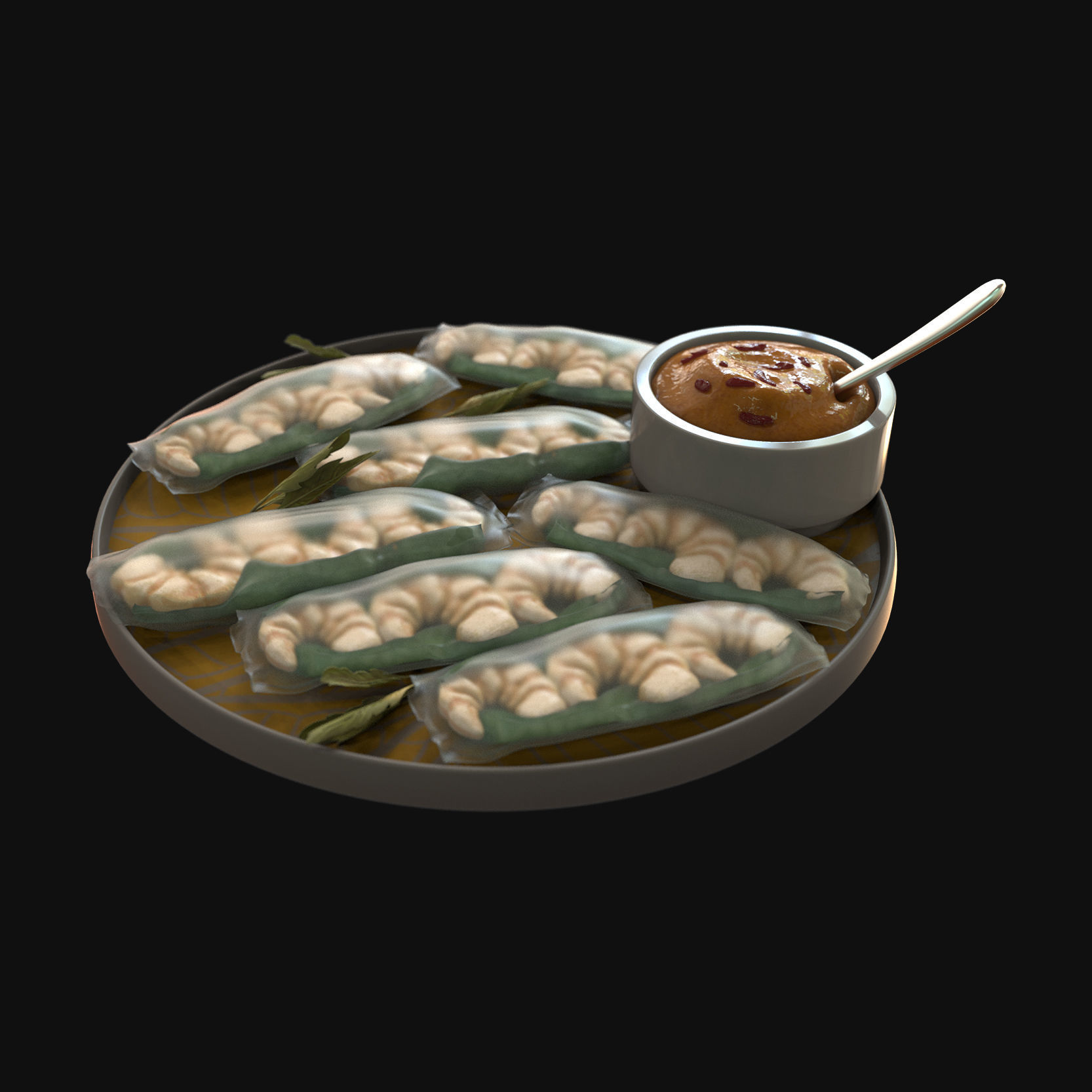 Food collection plate of spring rolls with sauce 3D model_21