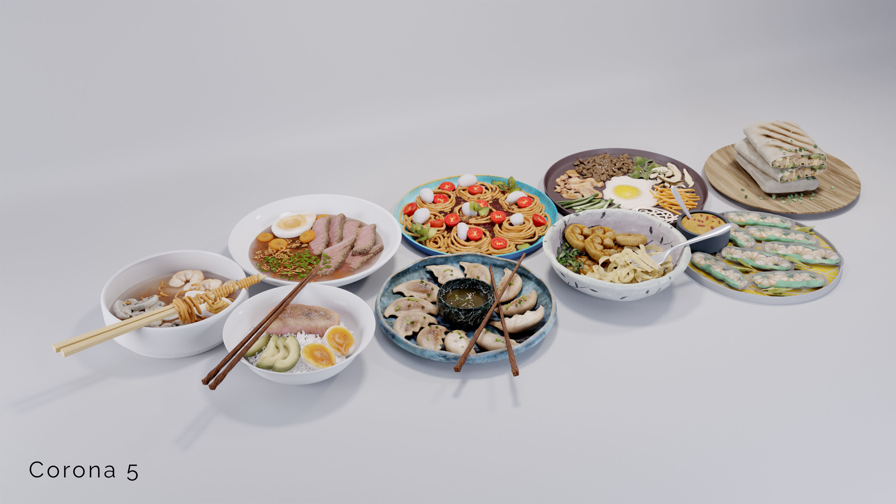 Food collection plate of spring rolls with sauce 3D model_5