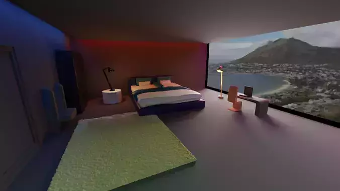 3D lowpoly bedroom with ocean Low-poly 3D model