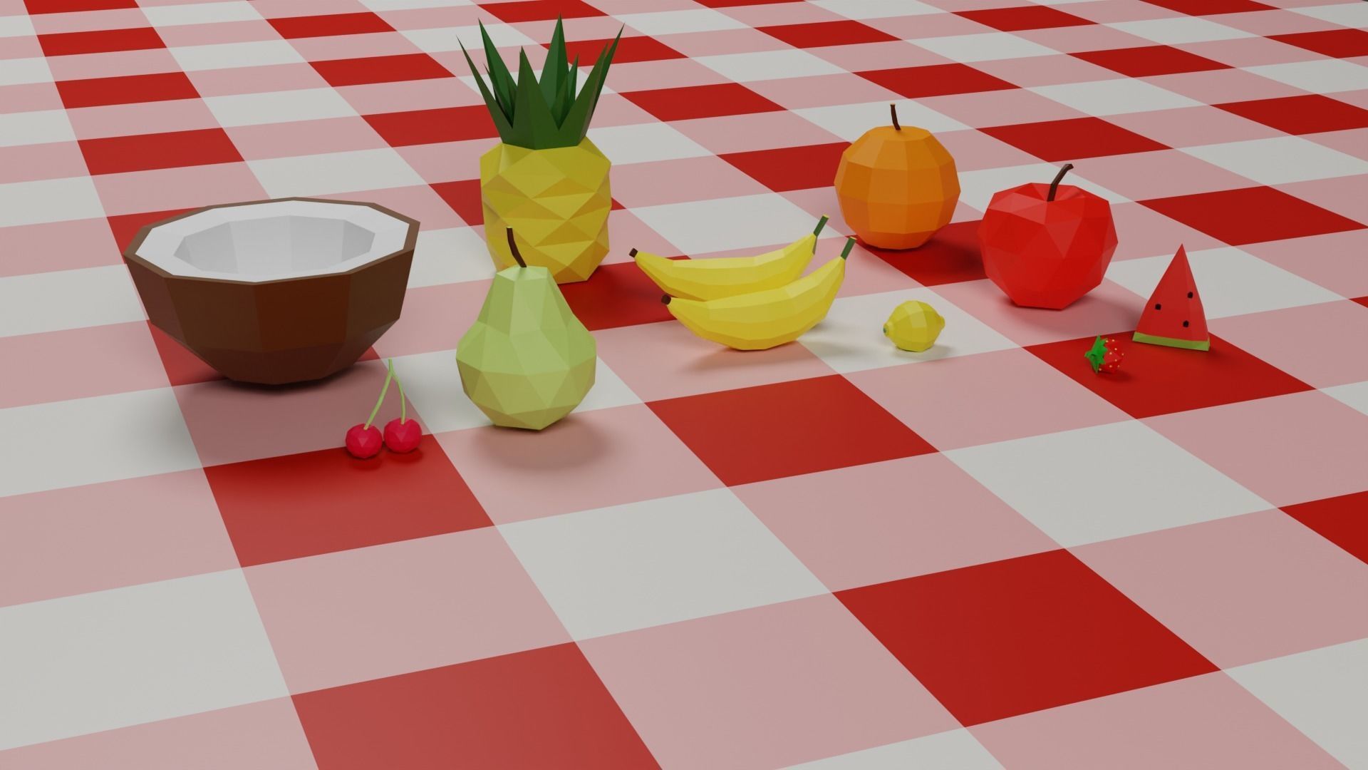 Low poly fruits fruit on checkered table 3D model_1