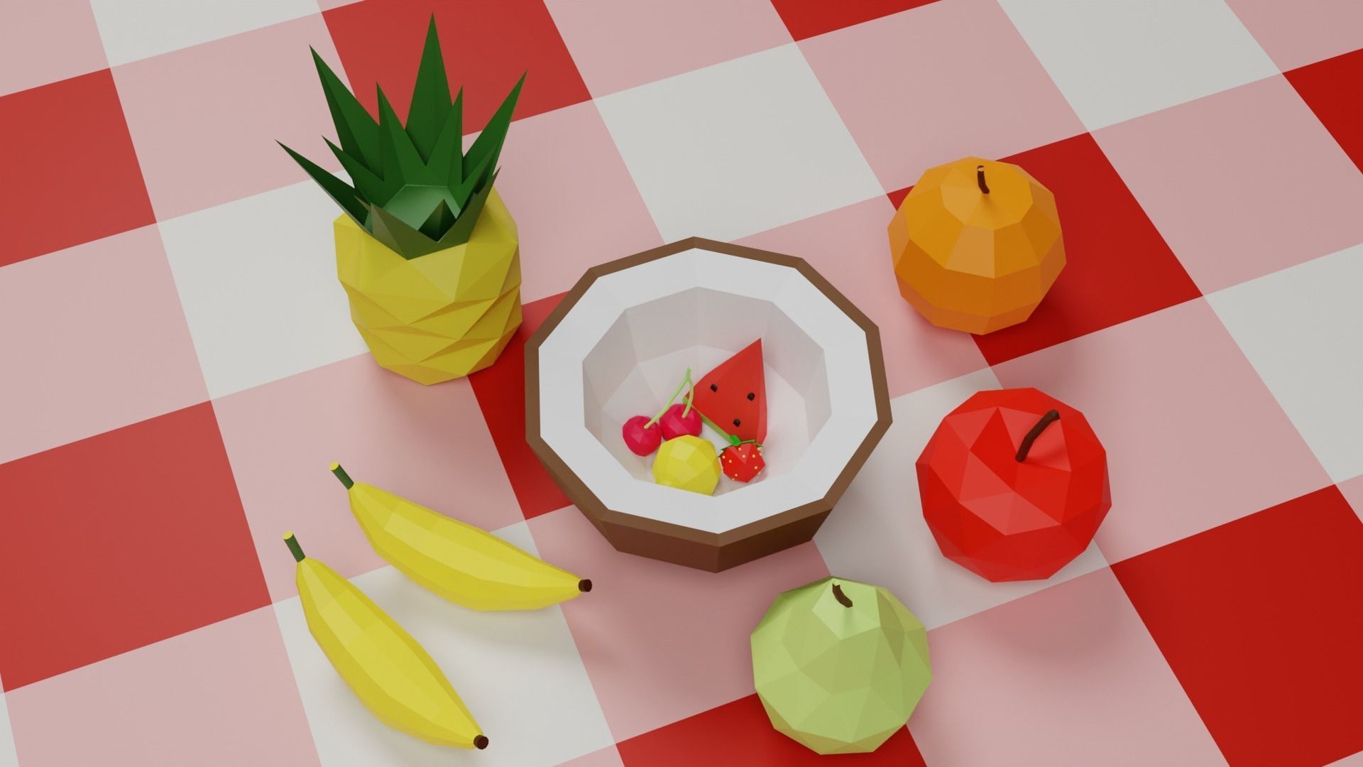 Low poly fruits fruit on checkered table 3D model_3