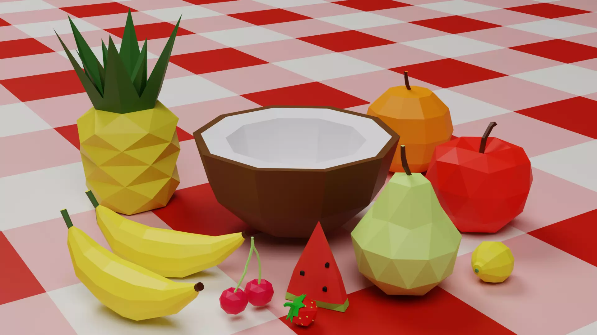 Low poly fruits fruit on checkered table 3D model_0