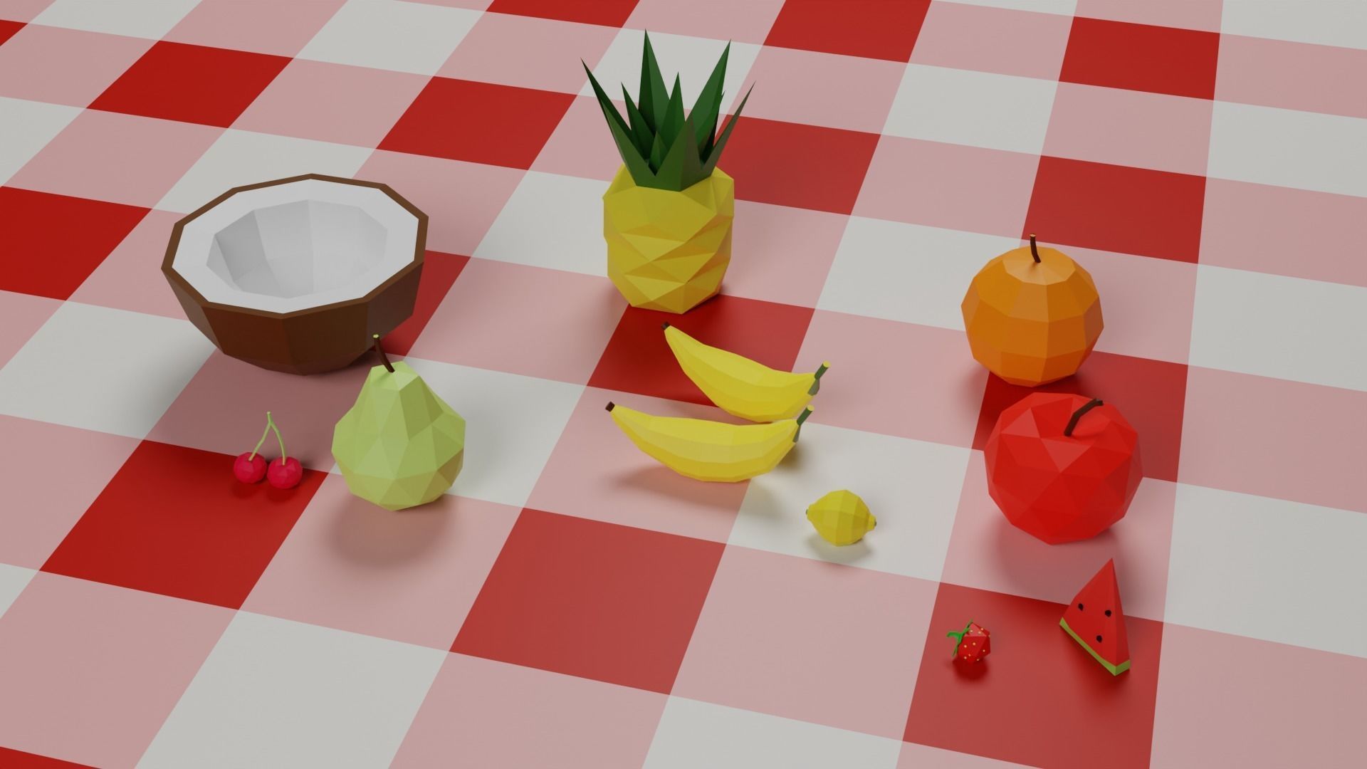 Low poly fruits fruit on checkered table 3D model_2
