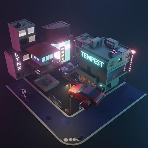 LOW POLY CYBERPUNK MINI CITY SCENE PACK Low-poly 3D model