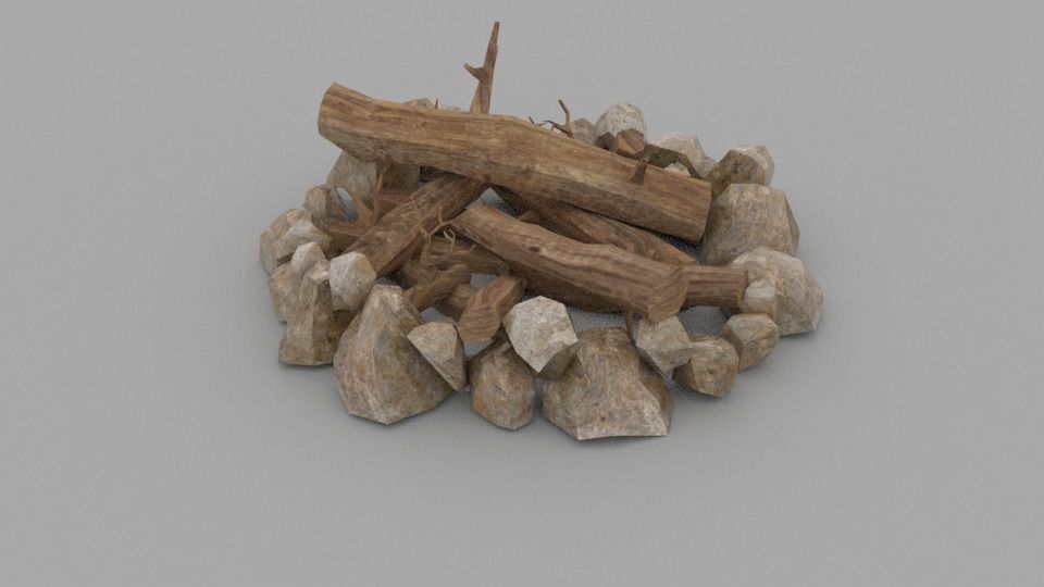 Campfire fire pit with logs and rocks Low-poly 3D model_2