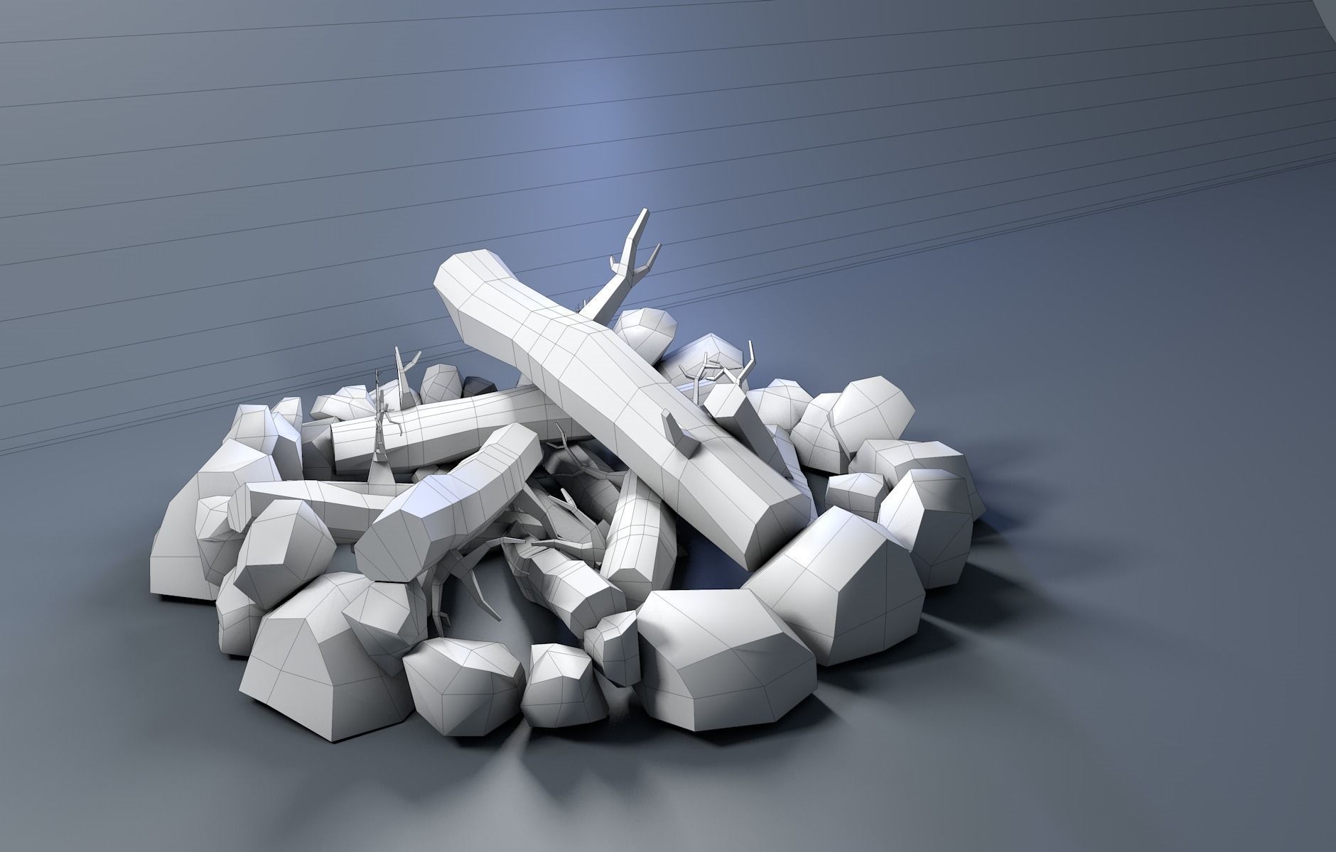 Campfire fire pit with logs and rocks Low-poly 3D model_1