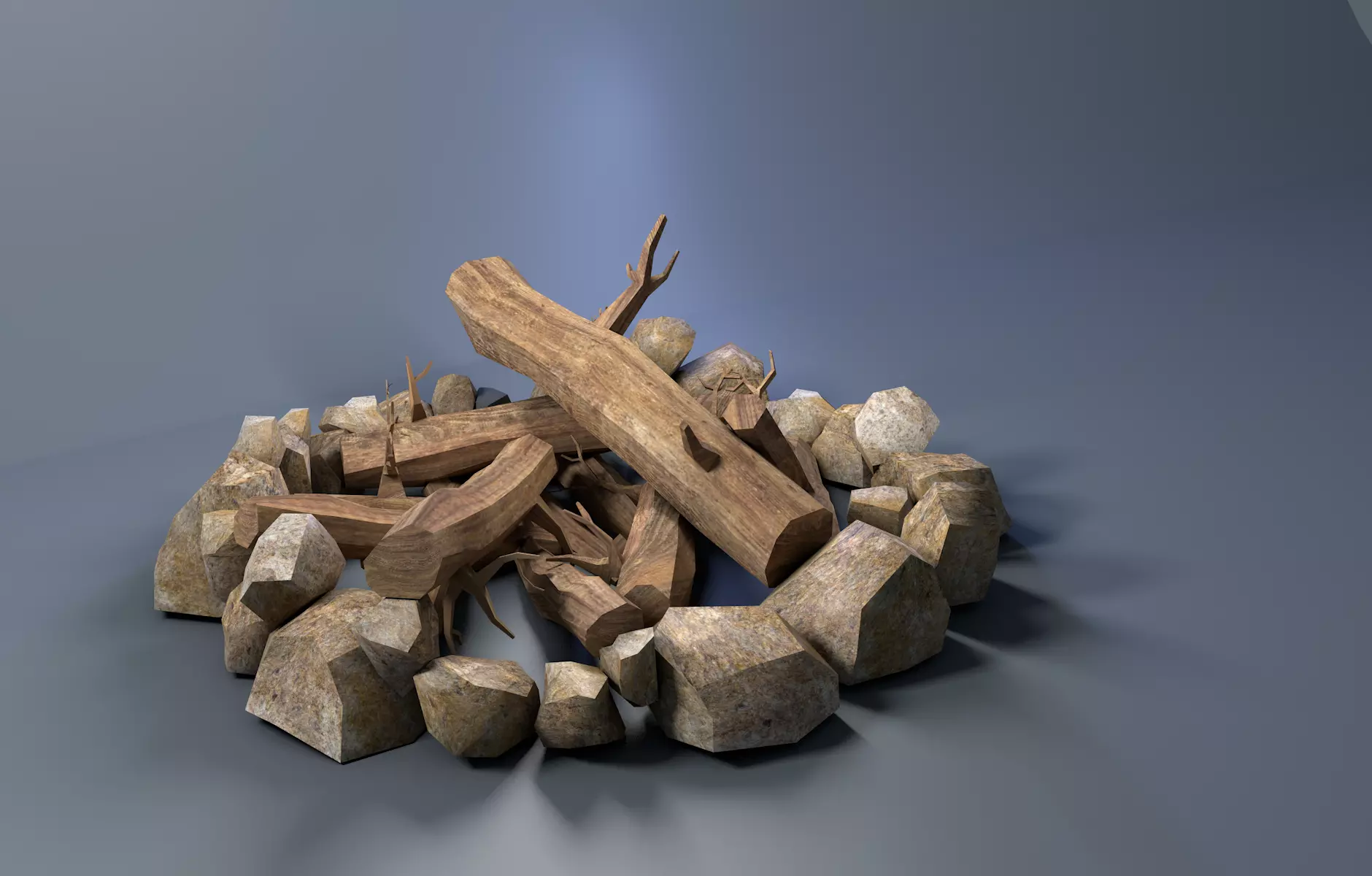 Campfire fire pit with logs and rocks Low-poly 3D model_0