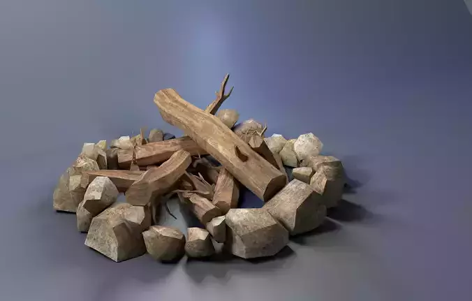 Campfire fire pit with logs and rocks Low-poly 3D model