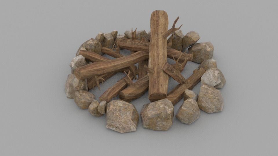 Campfire fire pit with logs and rocks Low-poly 3D model_3