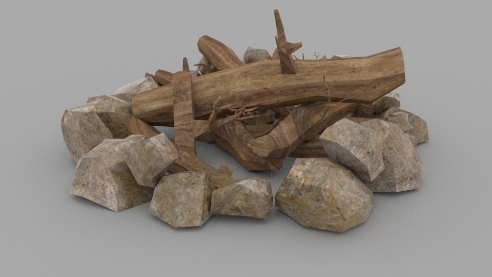 Campfire fire pit with logs and rocks Low-poly 3D model_5