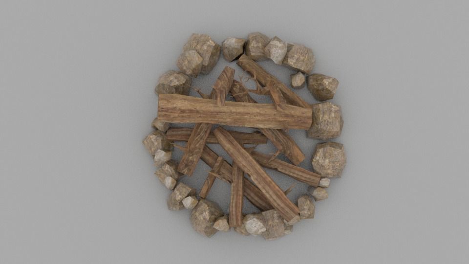 Campfire fire pit with logs and rocks Low-poly 3D model_4
