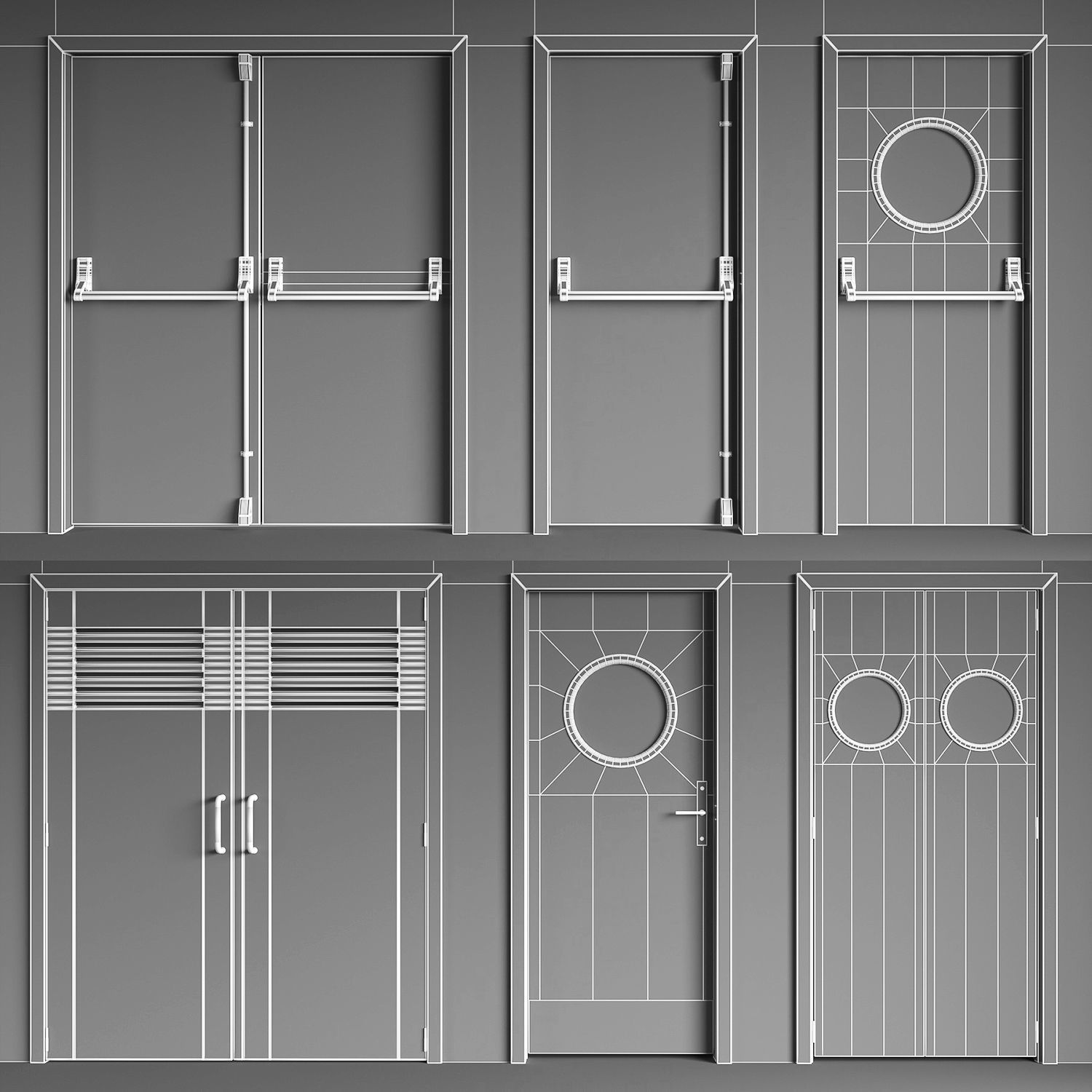 Set 5 fire double doors with handle push anti-panic 3D model_3