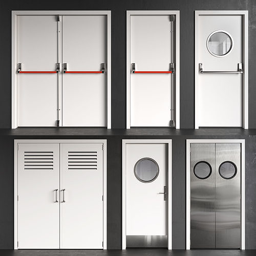 Set 5 fire double doors with handle push anti-panic 3D model