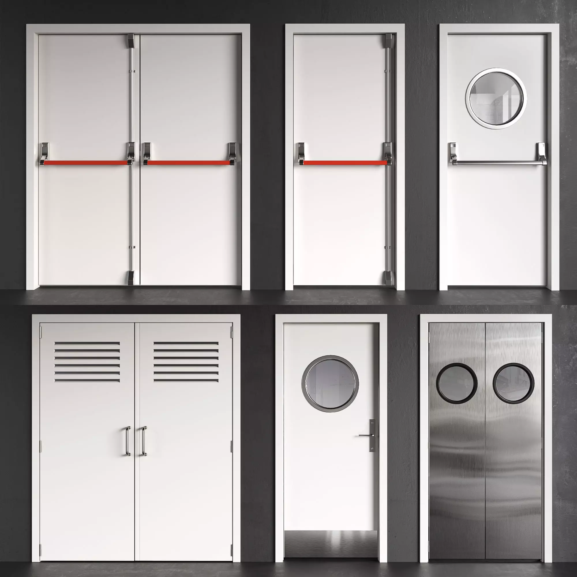 Set 5 fire double doors with handle push anti-panic 3D model_0