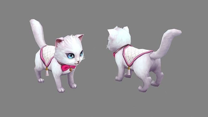 Cartoon White Cat - Kitten Low-poly 3D model