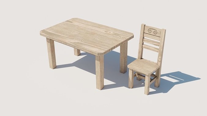 Wooden chair and table for game Low-poly 3D model