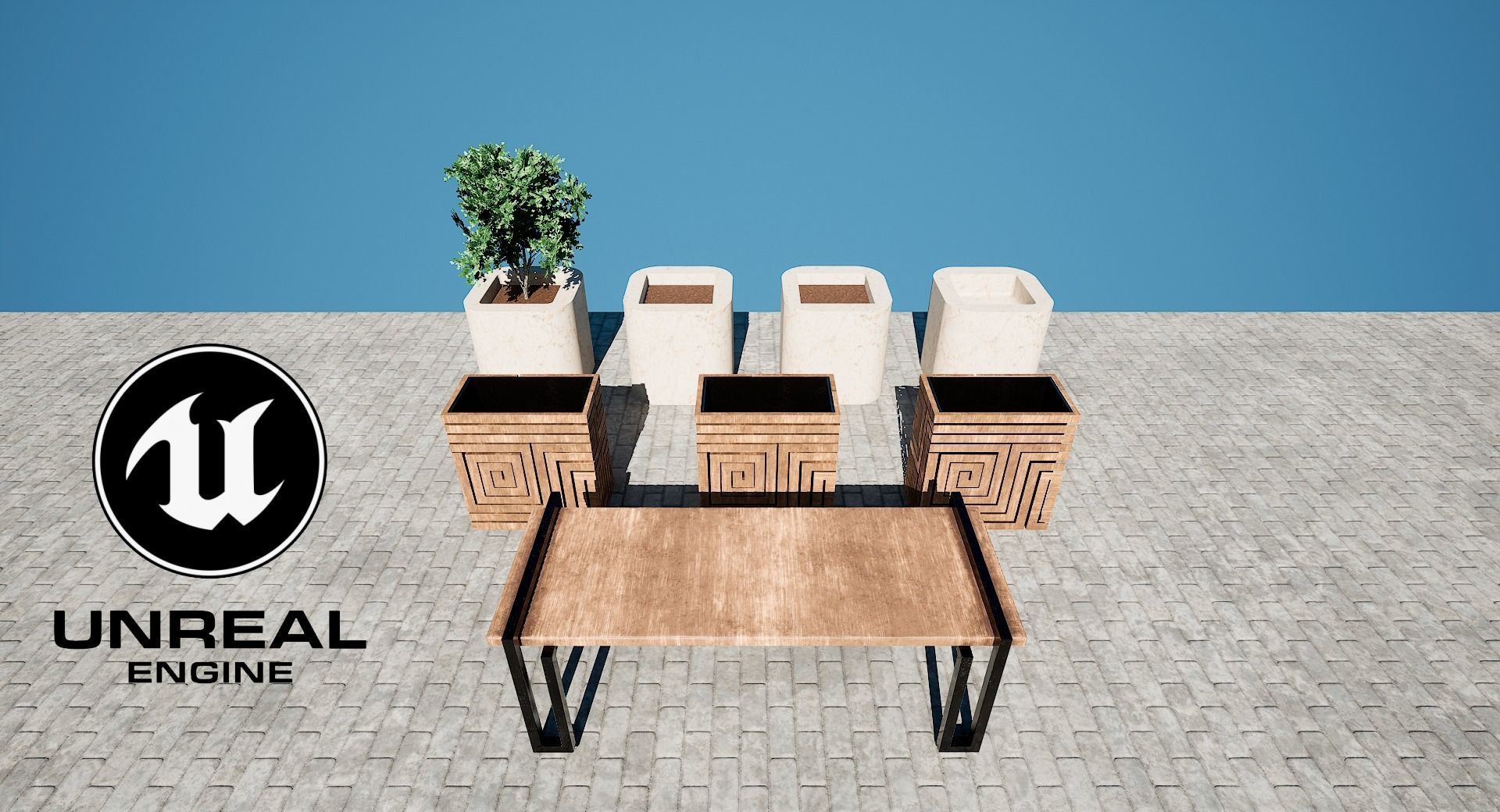 Bench Plants Spiral Urns Low-poly 3D model_14