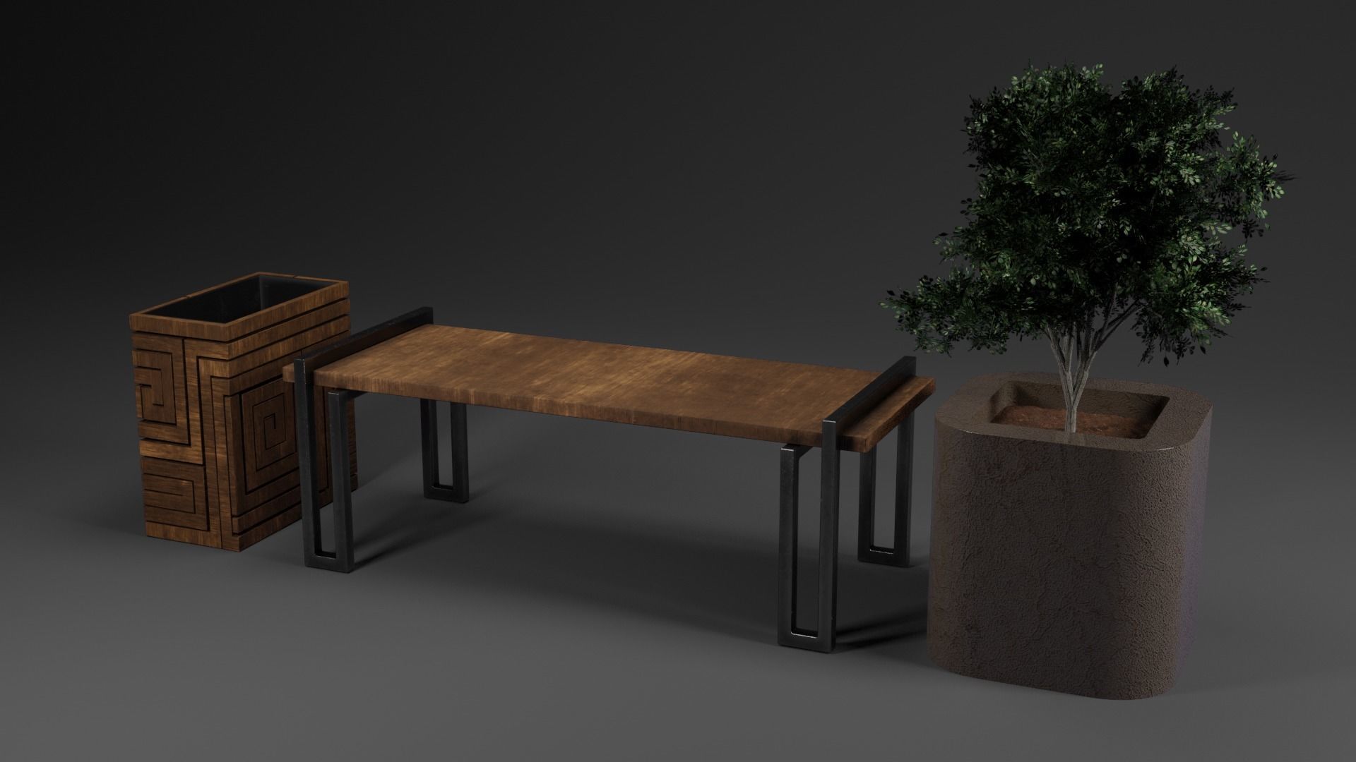 Bench Plants Spiral Urns Low-poly 3D model_2