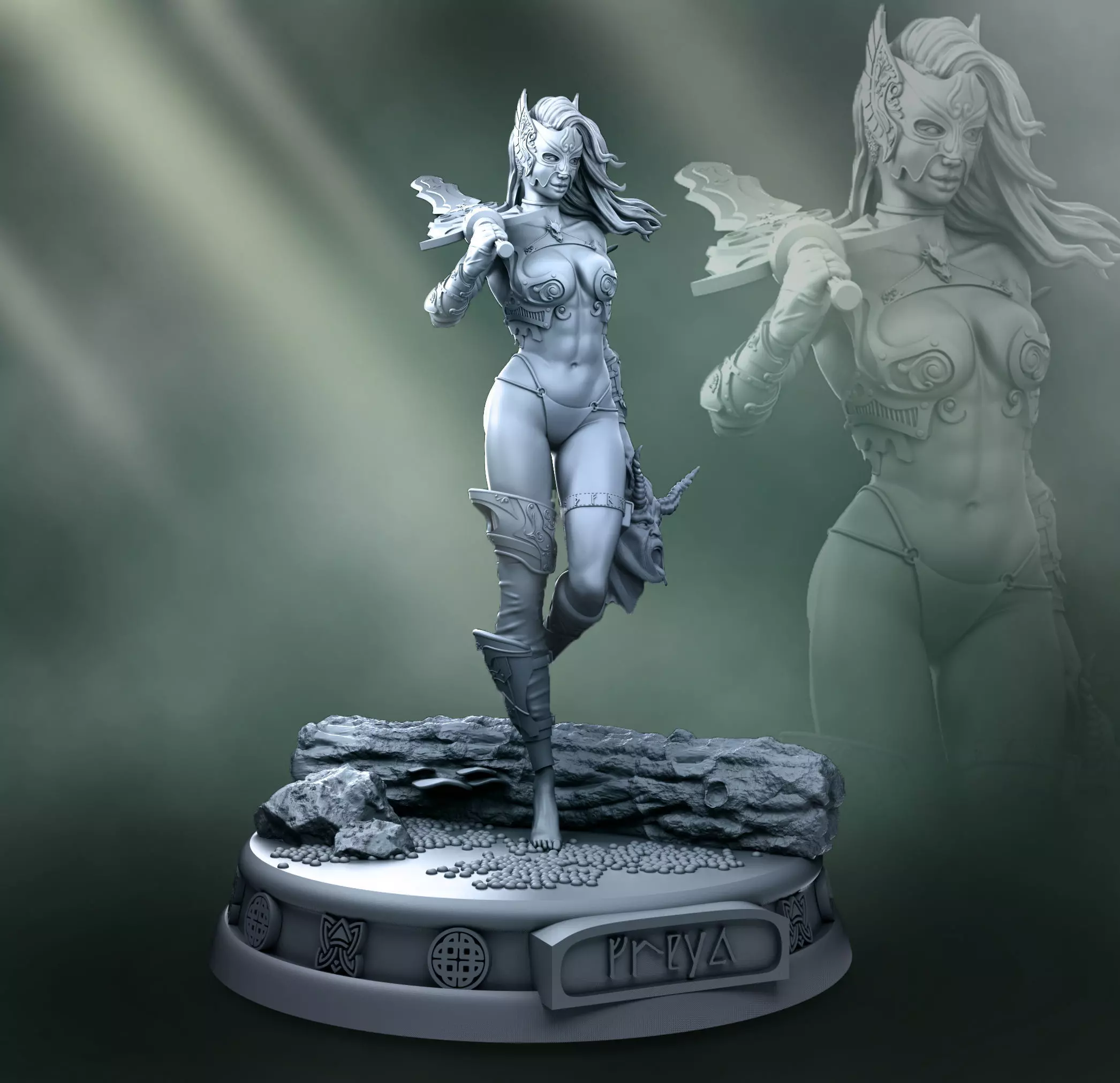 Freya statue of woman holding sword 3D print model_0