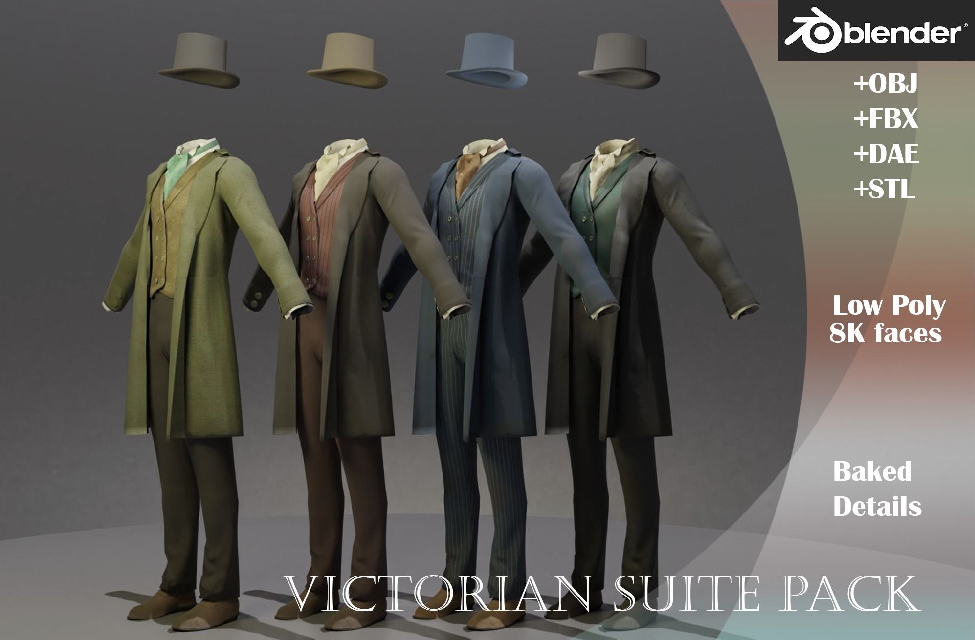 Victorian Man Suite and hat Low-poly 3D model_19