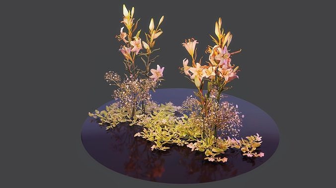 Flowers Lilies Vincas And Babys-breath Low-poly 3D model