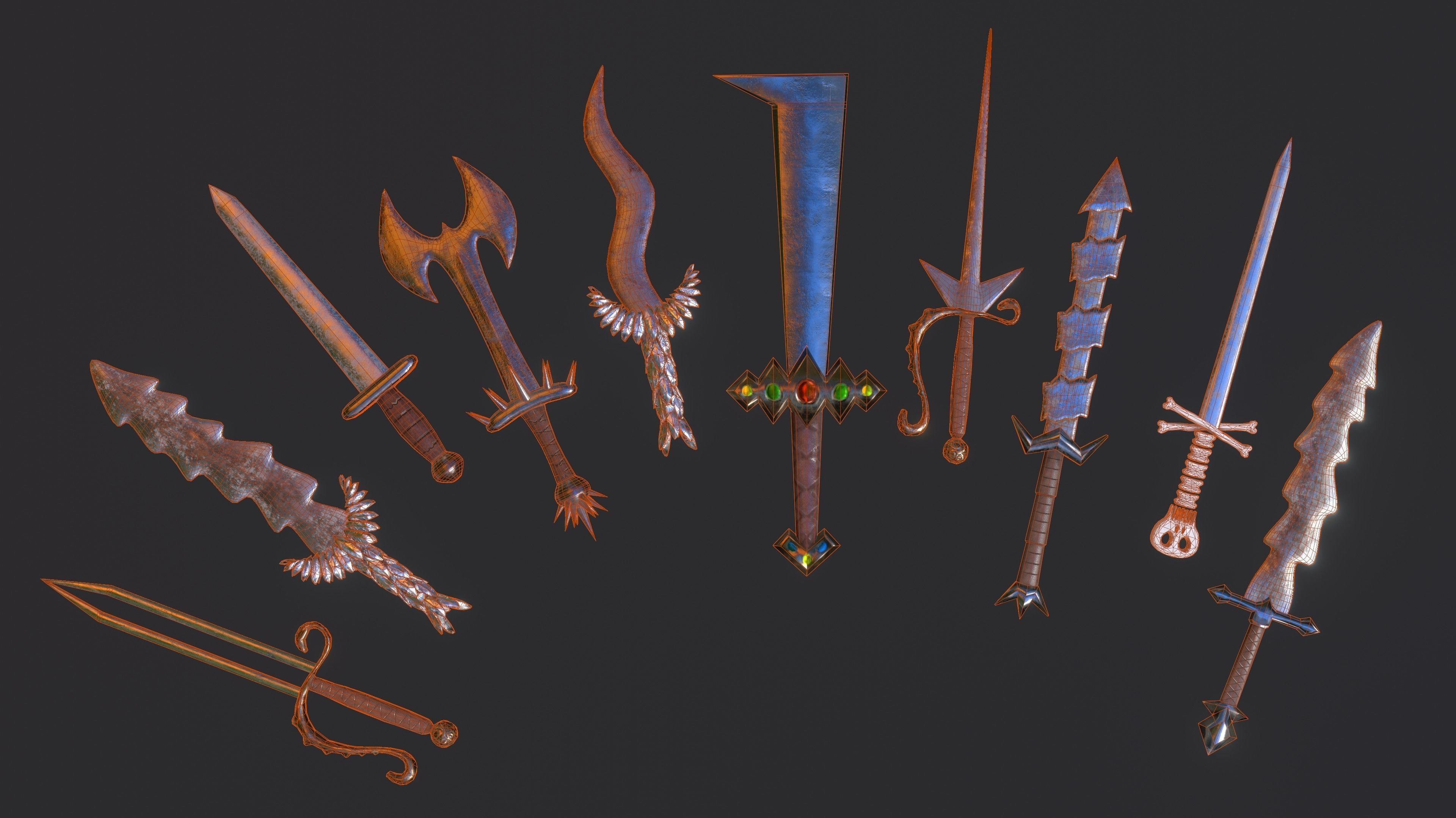100 SWORDS COLLECTION PACK medieval melee weapons Game Ready FBX Low-poly 3D model_5
