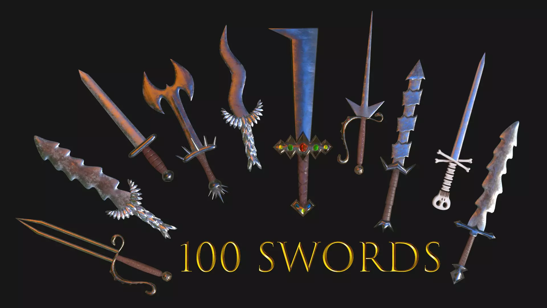 100 SWORDS COLLECTION PACK medieval melee weapons Game Ready FBX Low-poly 3D model_0