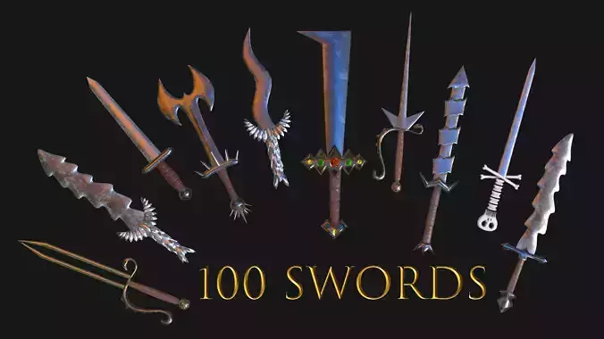 100 SWORDS COLLECTION PACK medieval melee weapons Game Ready FBX Low-poly 3D model
