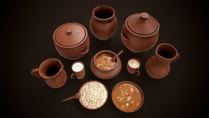 Medieval clay tableware pack Low-poly 3D model 4