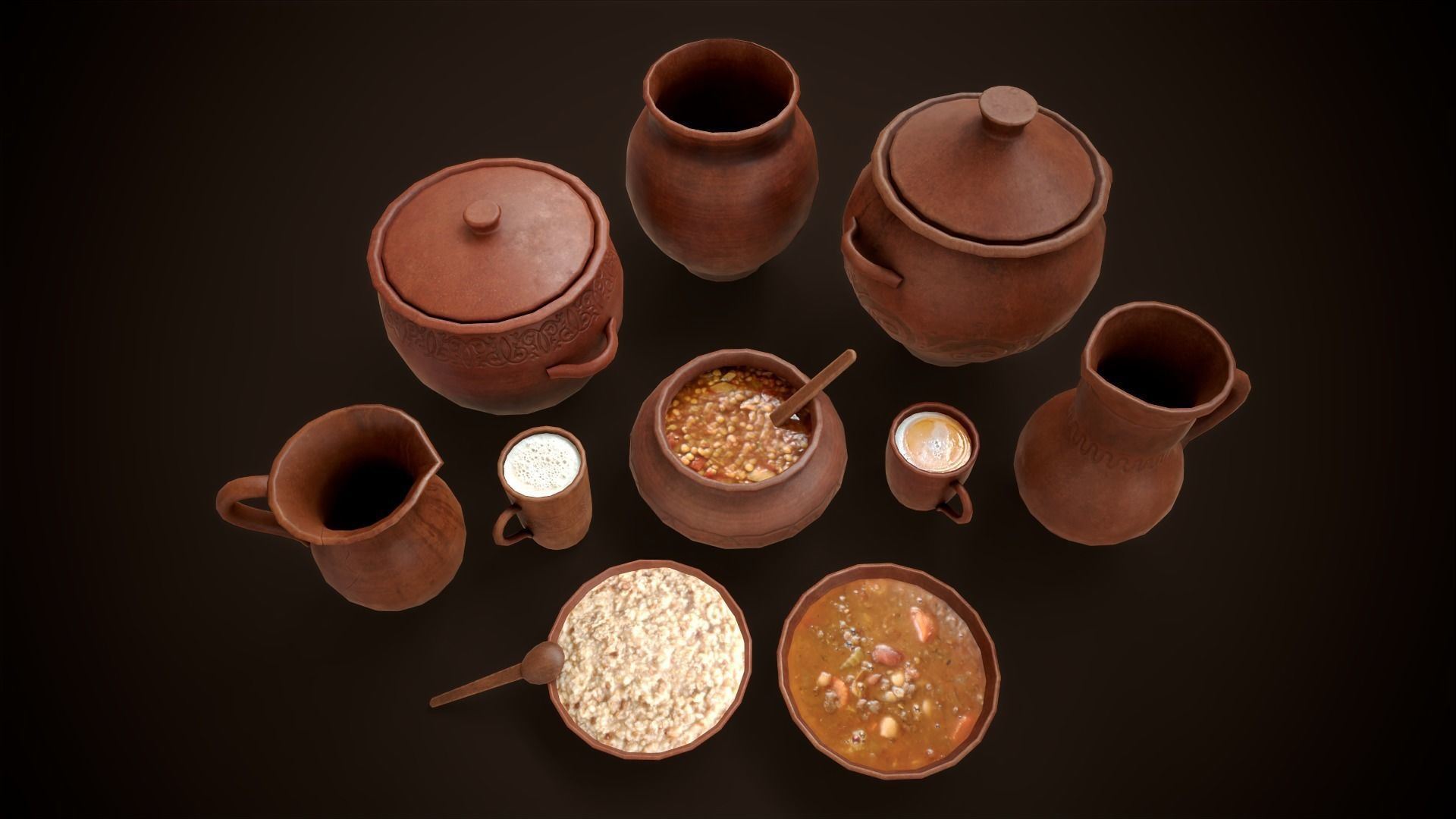Medieval clay tableware pack Low-poly 3D model_3
