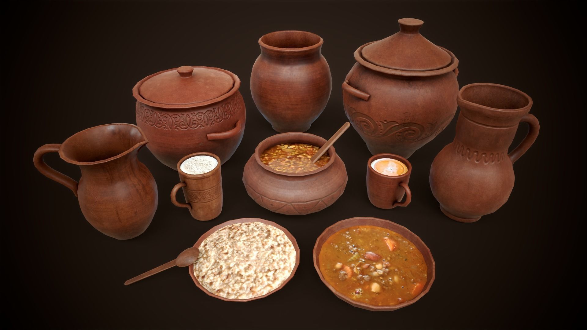 Medieval clay tableware pack Low-poly 3D model_1