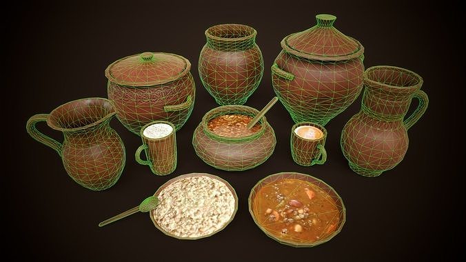 Medieval clay tableware pack Low-poly 3D model 3
