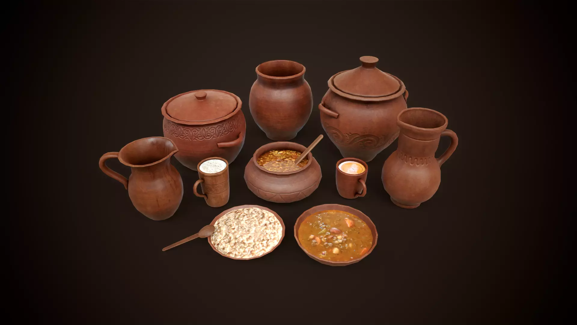 Medieval clay tableware pack Low-poly 3D model_0