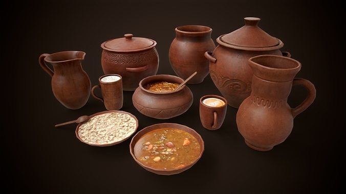 Medieval clay tableware pack Low-poly 3D model 5