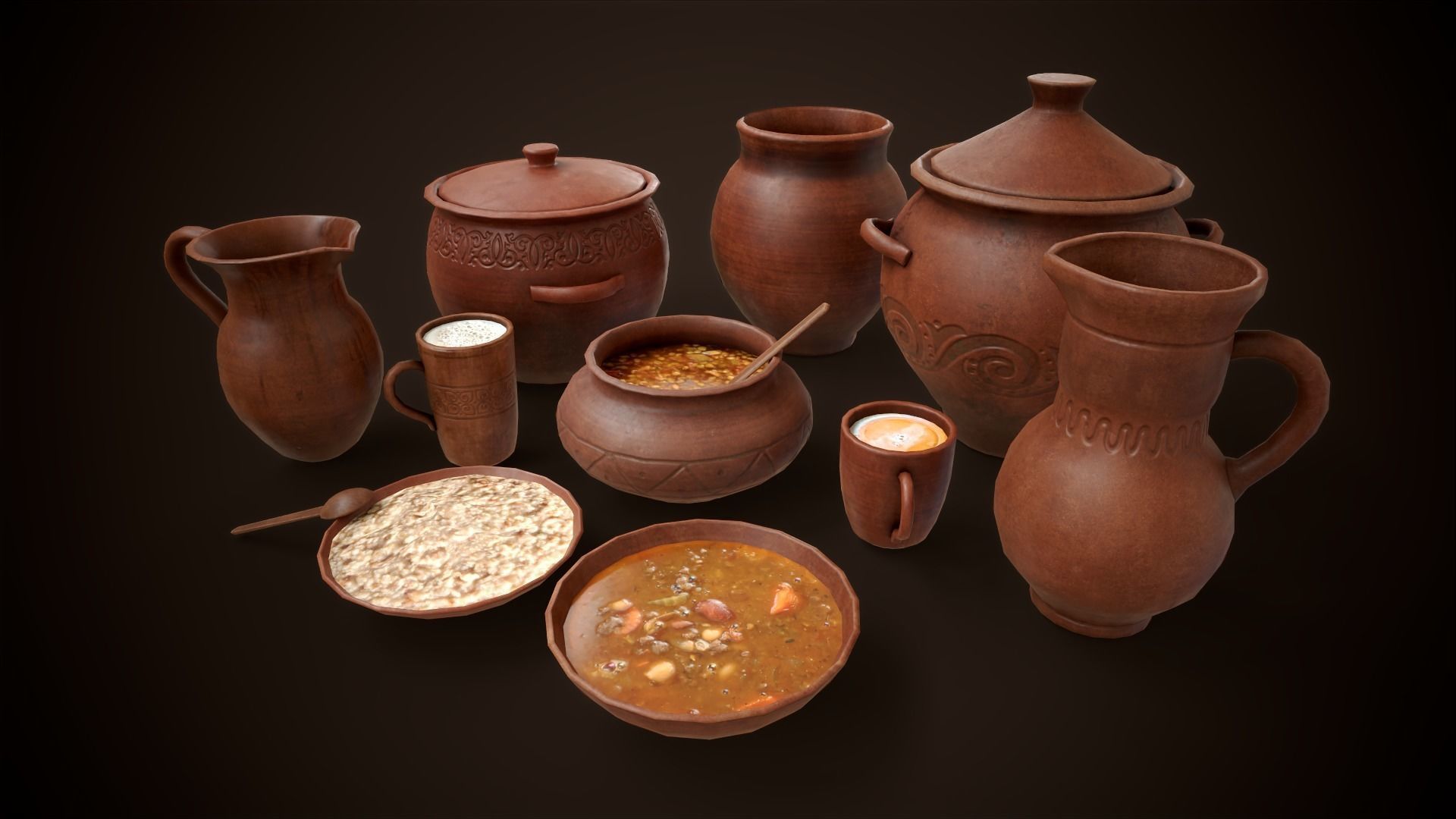 Medieval clay tableware pack Low-poly 3D model_4