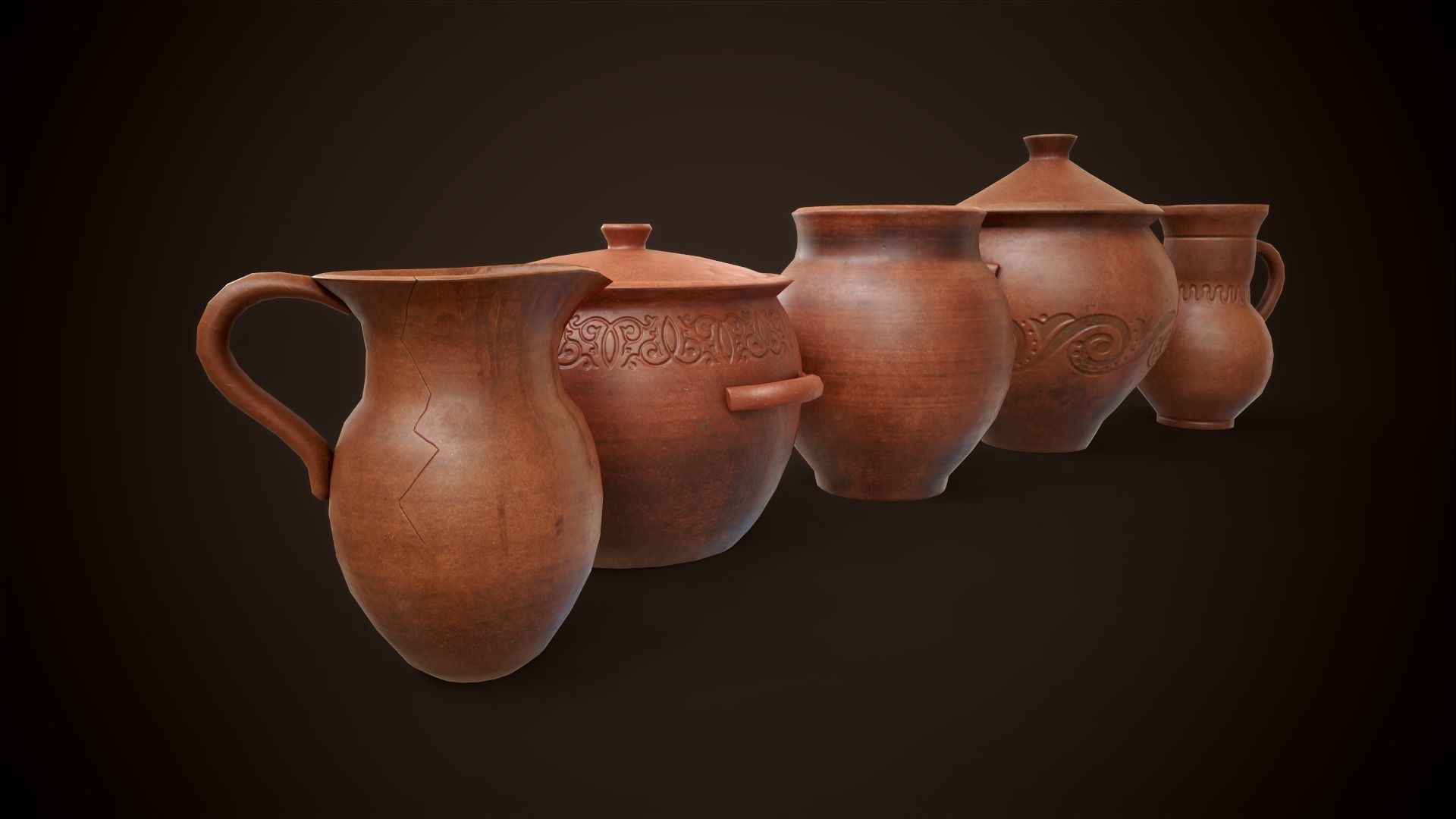 Medieval clay tableware pack Low-poly 3D model_8