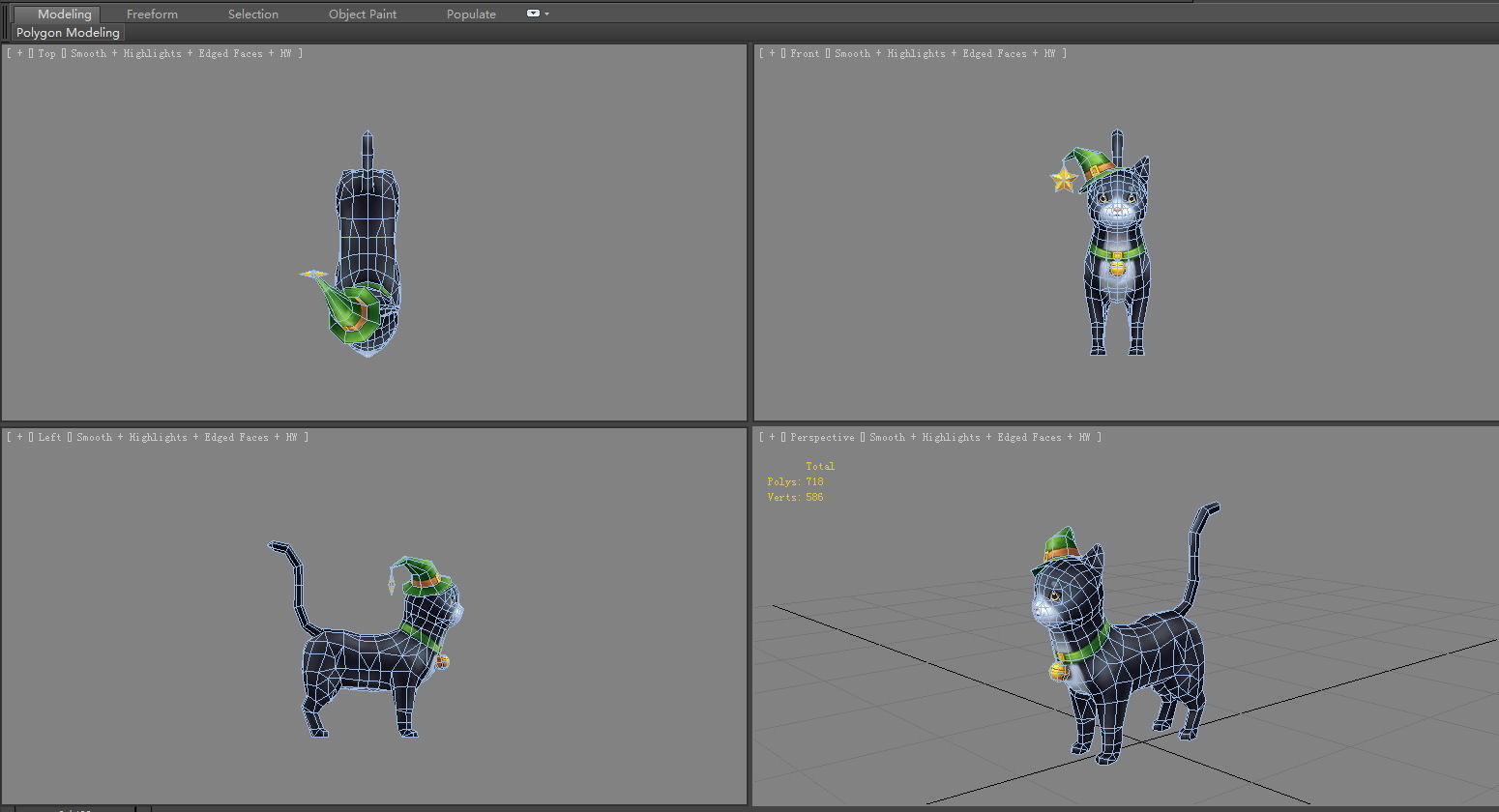 Cartoon black cat wearing wizard hat Low-poly 3D model_4