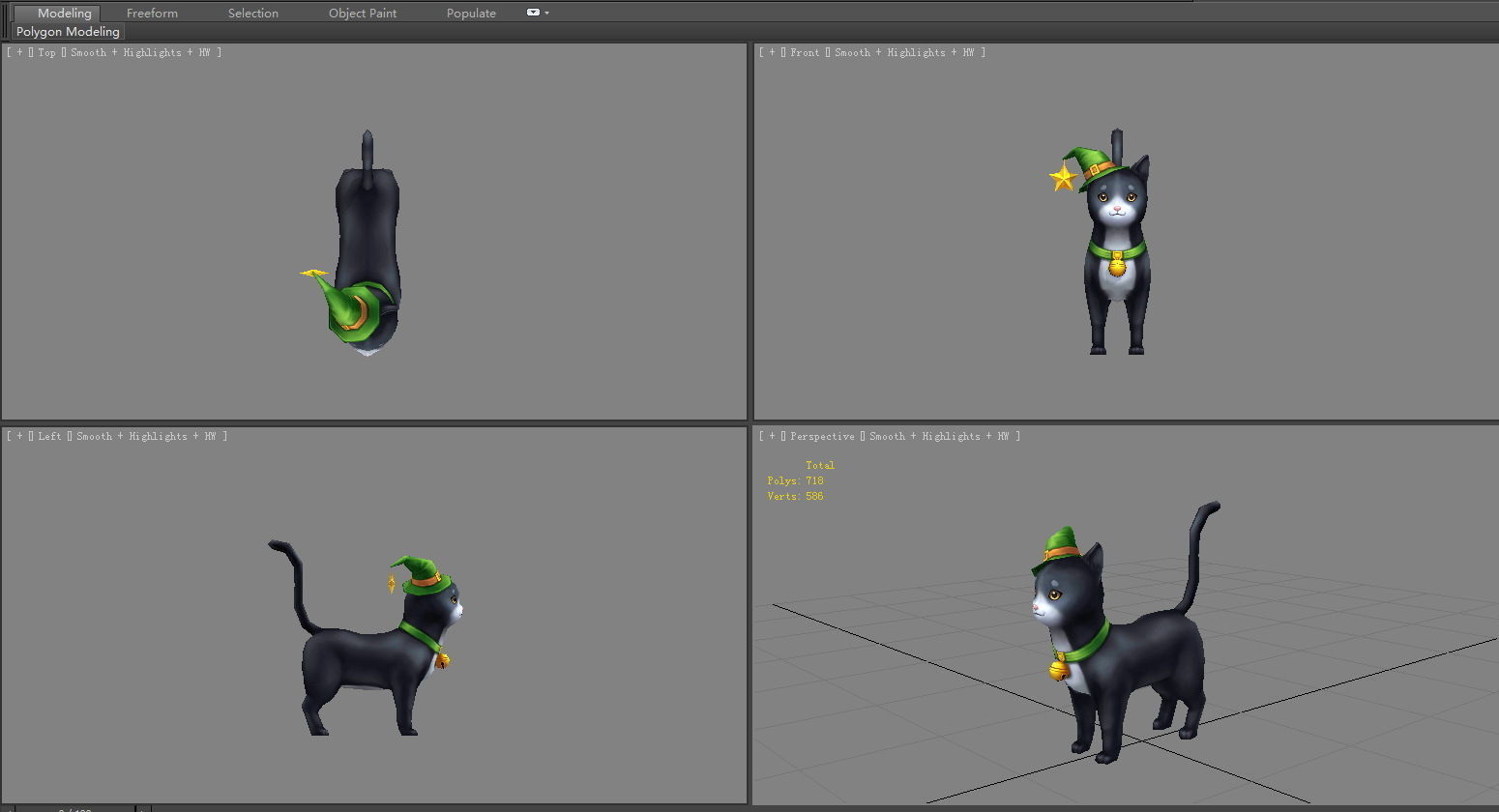 Cartoon black cat wearing wizard hat Low-poly 3D model_3